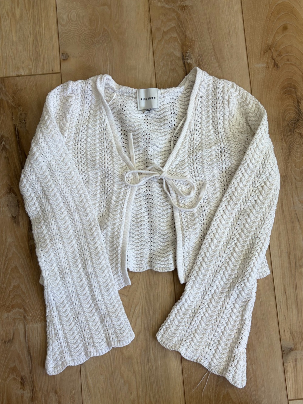 Pink Rose Cream Openwork Knit Hooded Cardigan